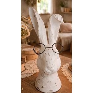 Distressed Faux Wood White Rabbit Bunny - Black Round Eye Glasses Easter Decor